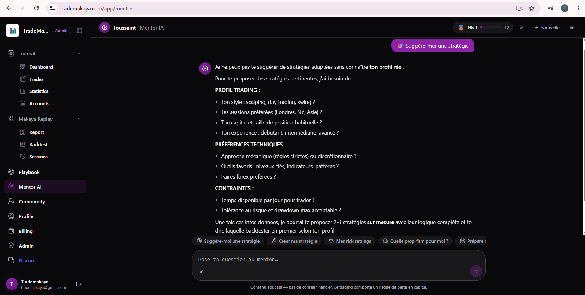 TradeMakaya AI mentor — a structured trading-coach chat built on your journal