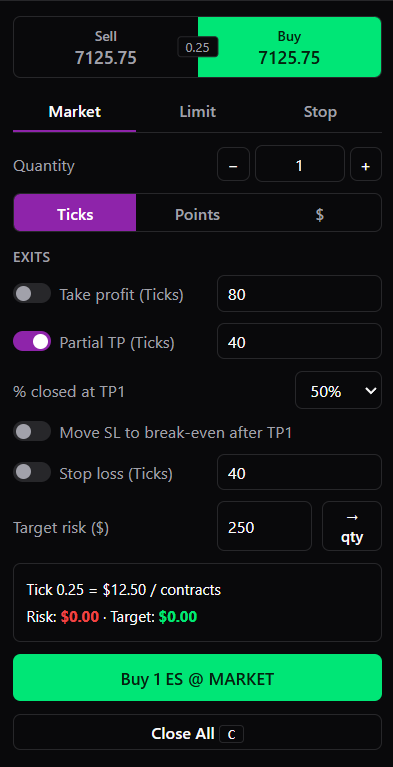 Makaya order ticket — market/limit/stop, TP/SL, position sizing